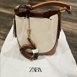 Zara Tan and Cream Bucket Shoulder Bag